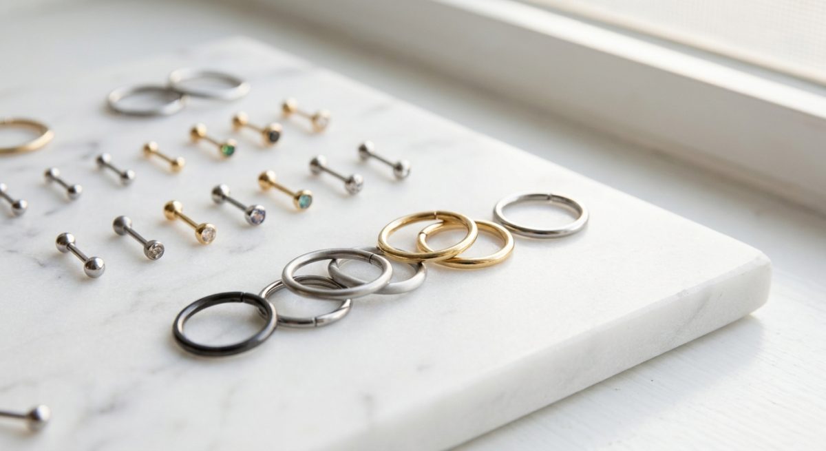Surtido de joyas para piercing en la nariz en acero, plata, titanio y oro sobre mármol