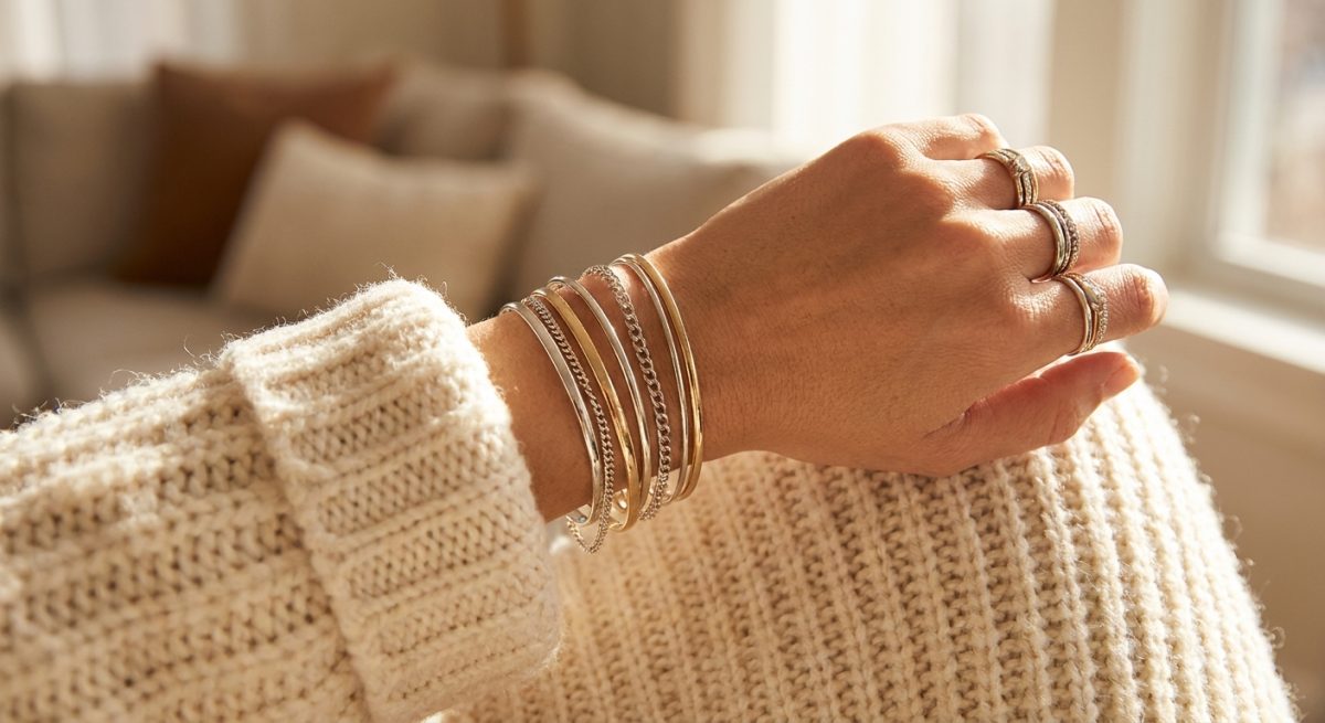 Poignet portant plusieurs bracelets et bagues fins en acier argenté et doré sur un pull beige