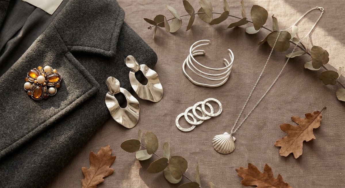 Flatlay mit skulpturalen Ohrringen, einer Brosche am Mantelrevers und gestapelten Armreifen in warmen Herbsttönen