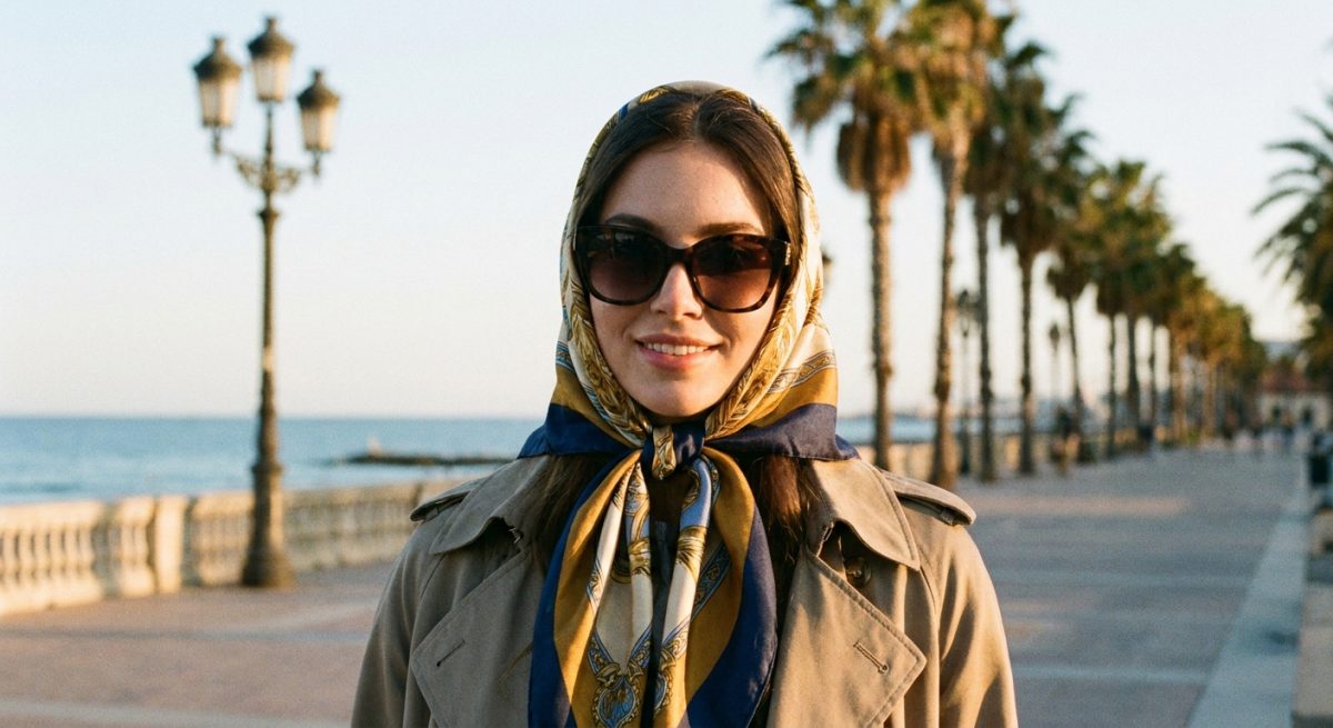 Femme portant un foulard de soie attaché sur la tête, style rétro années 60, noué sous le menton