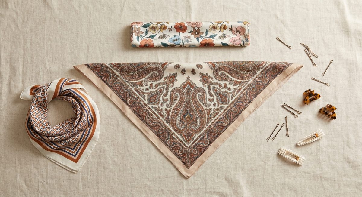 Trois foulards pliés à plat : triangle, bande roulée, et épingles à cheveux posées à côté