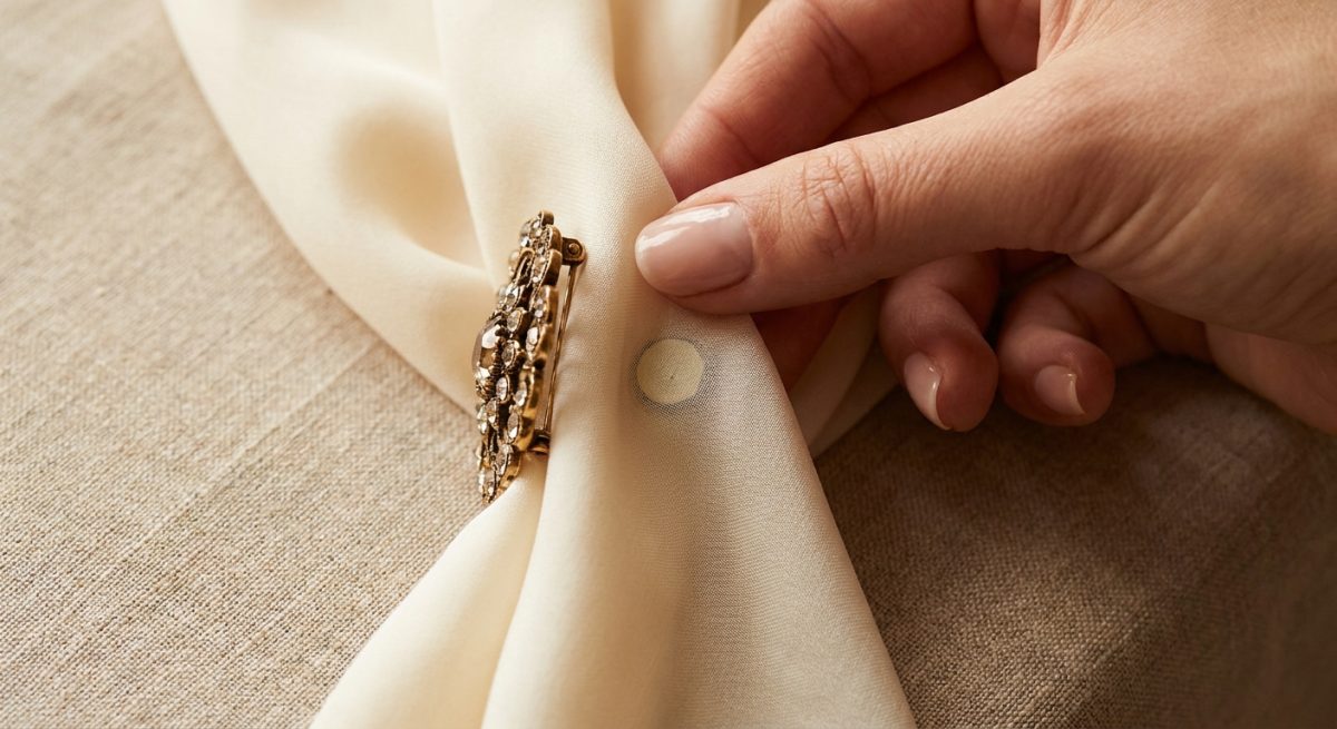 Main posant une broche décorative à dos magnétique sur une écharpe en soie crème, lumière naturelle d'atelier