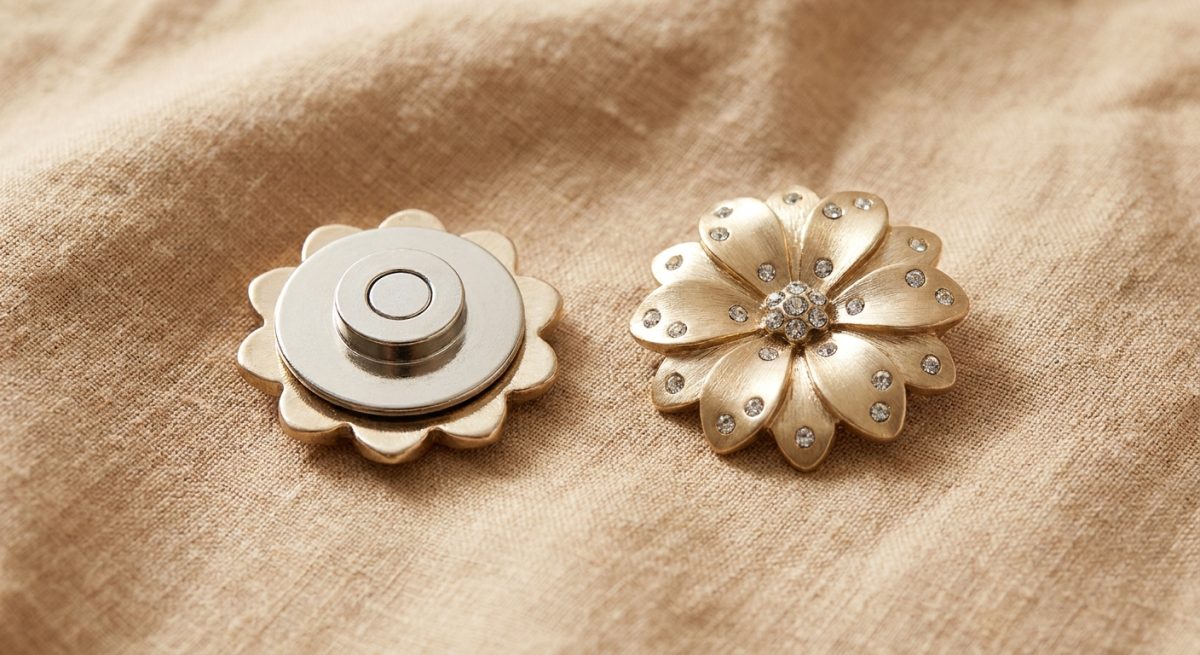 Dos d'une broche décorative avec disque aimanté visible et plaque magnétique séparée, posés à côté de la face avant en forme de fleur ornée de strass