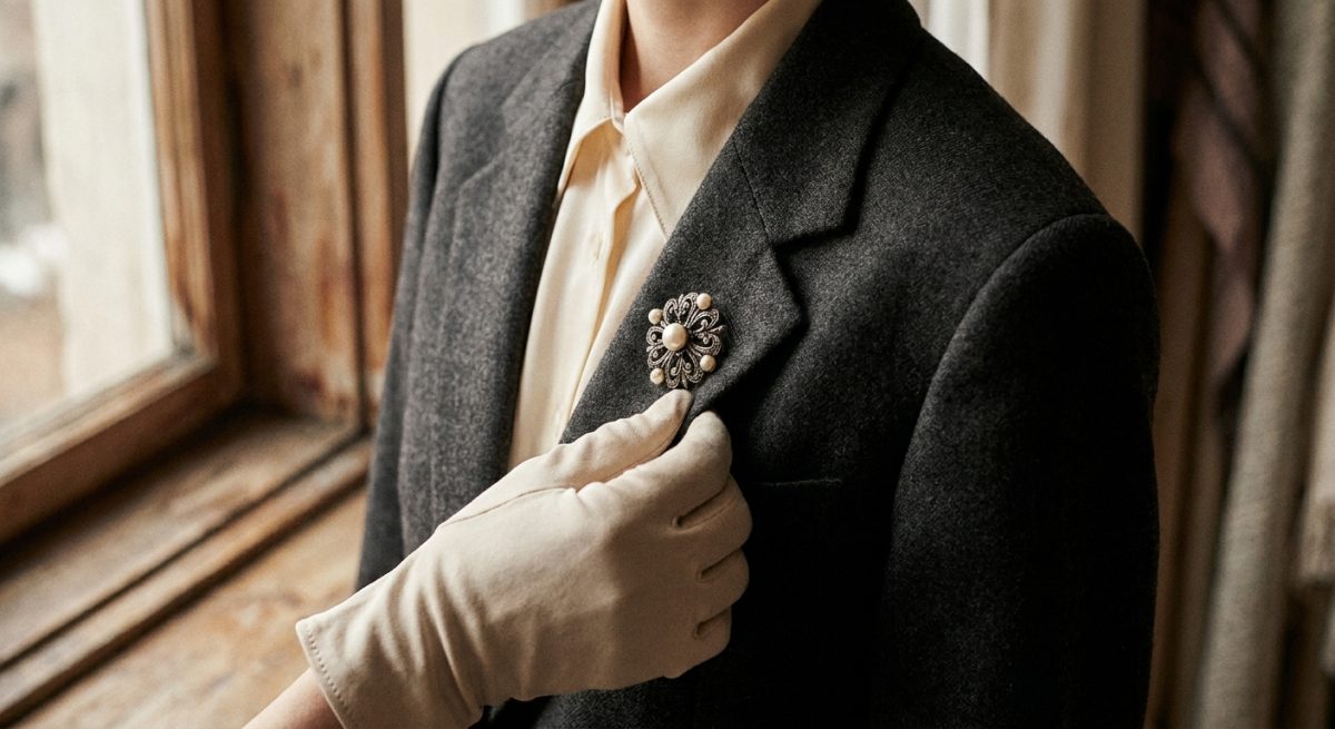 Main posant une broche élégante sur le revers gauche d'un blazer en laine charbon par-dessus une blouse de soie crème, lumière naturelle d'atelier