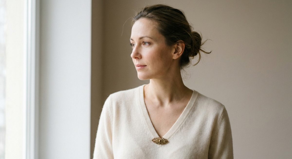 Femme trentenaire portant une petite broche dorée vintage à la pointe d'un pull col en V en cachemire crème, portrait trois-quart sur fond beige