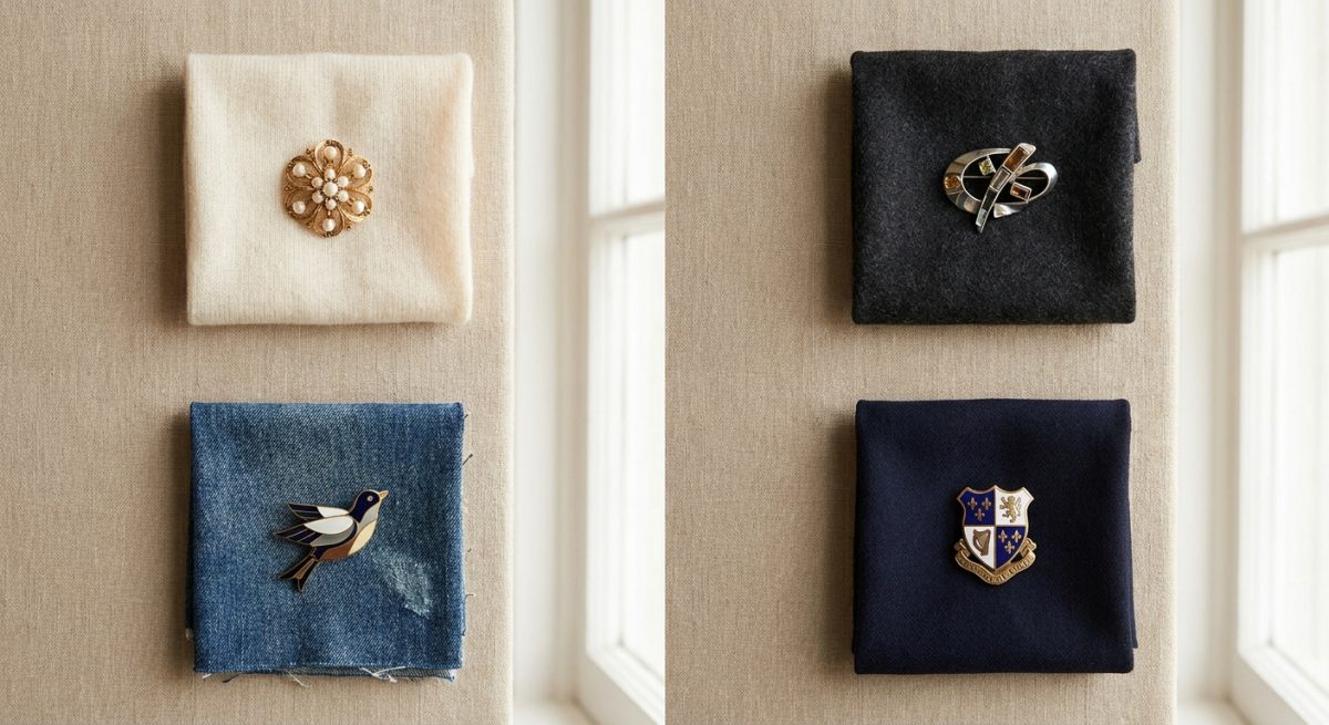 Flat lay quatre broches posées sur quatre supports textiles différents : maille cachemire crème, drap de laine charbon, denim indigo, laine de blazer marine
