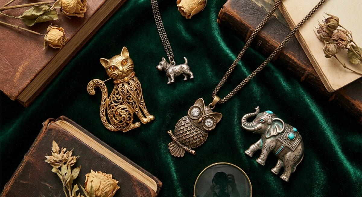 Bijoux animaliers vintage sur velours vert : chat doré, chien, hibou et éléphant