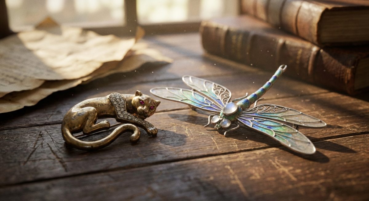 Pièce panthère dorée et ornement libellule Art nouveau sur bois ancien