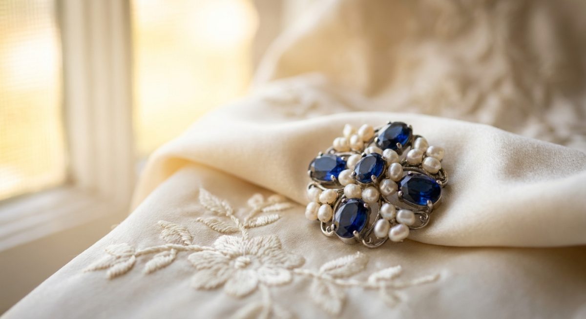Broche décorative en argent ornée de pierres saphir bleu et de petites perles d'eau douce, posée sur soie crème de robe de mariée brodée florale, lumière dorée du matin