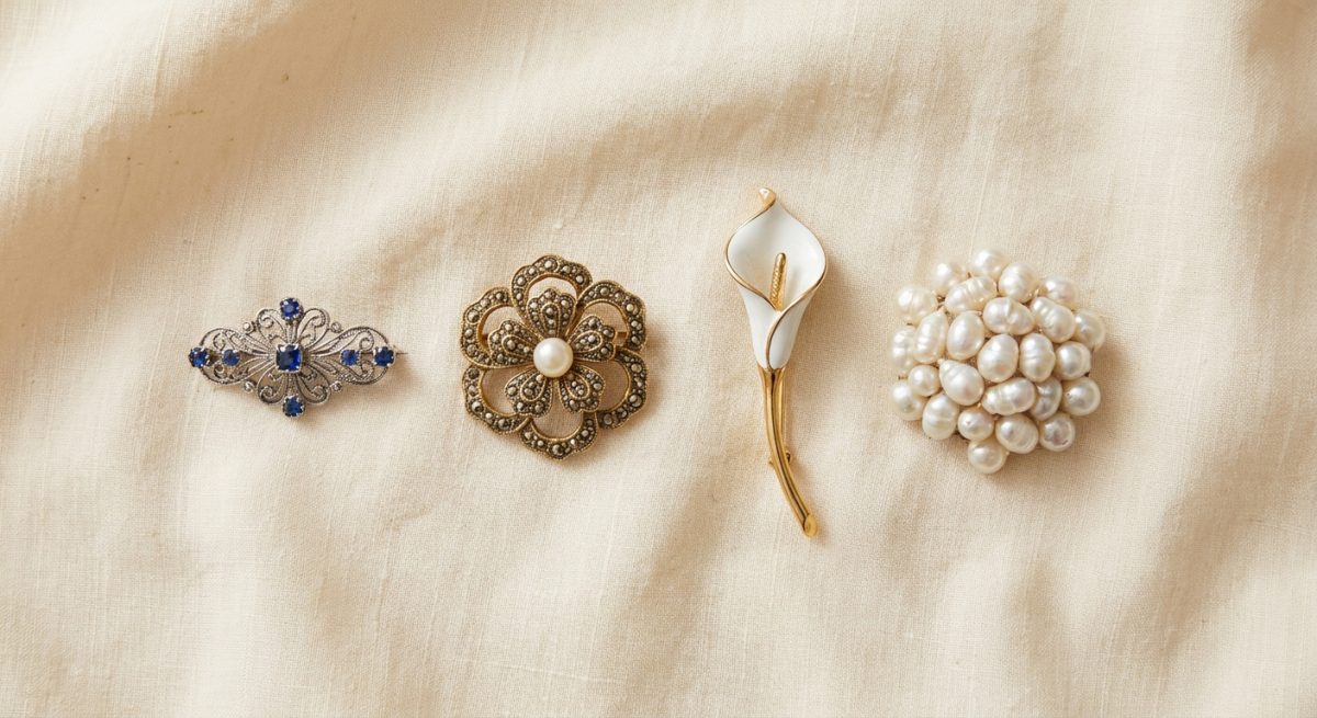 Quatre broches de mariage alignées sur lin crème : argent saphir bleu, doré vintage marcassites floral, lis blanc émail, grappe de perles baroques