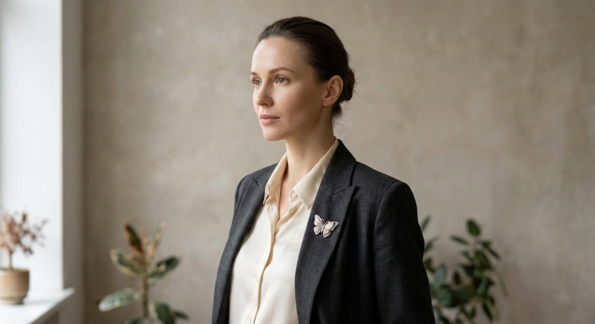 Femme trentenaire portant un papillon en bijouterie délicate sur le revers d'un blazer charbon, blouse de soie crème, portrait trois-quart
