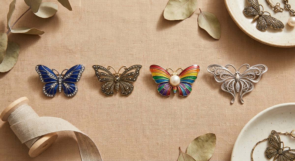 Quatre styles de broches papillons alignés sur lin beige : émail bleu, doré vintage marcassites, multicolore arc-en-ciel à perle, Art Nouveau argent ailes courbées