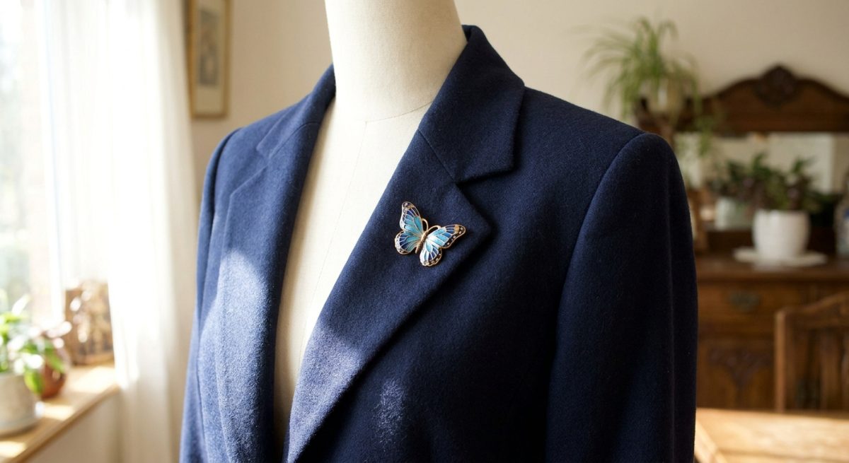 Revers de blazer orné d'un petit papillon émaillé bleu et doré