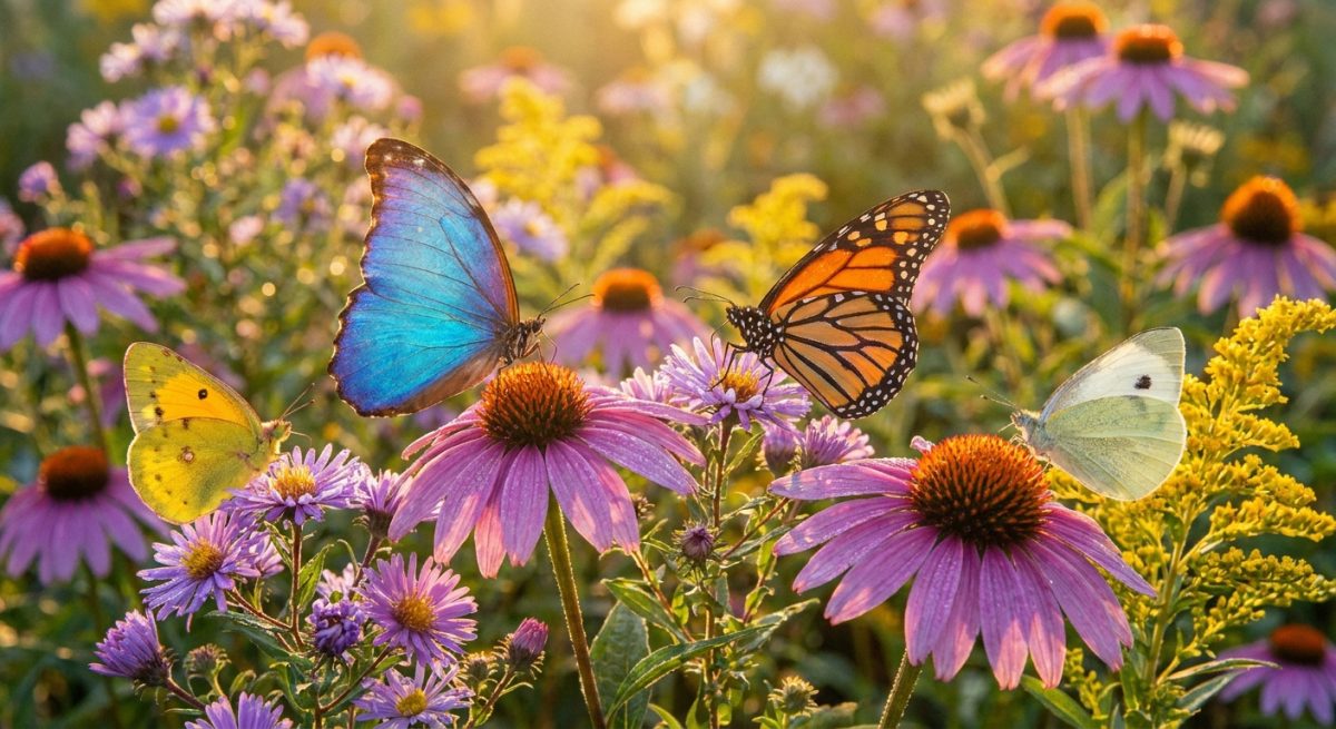 Papillons de plusieurs couleurs posés sur des fleurs sauvages dans un jardin ensoleillé
