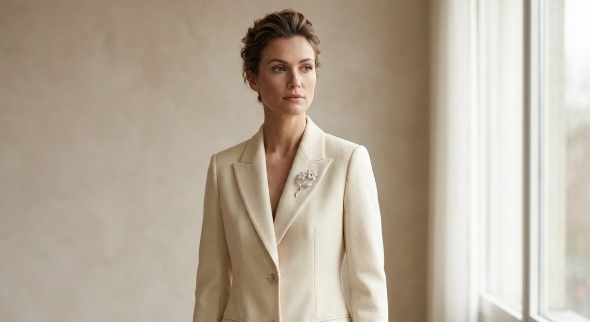 Femme en blazer crème portant une broche argentée sur le revers gauche