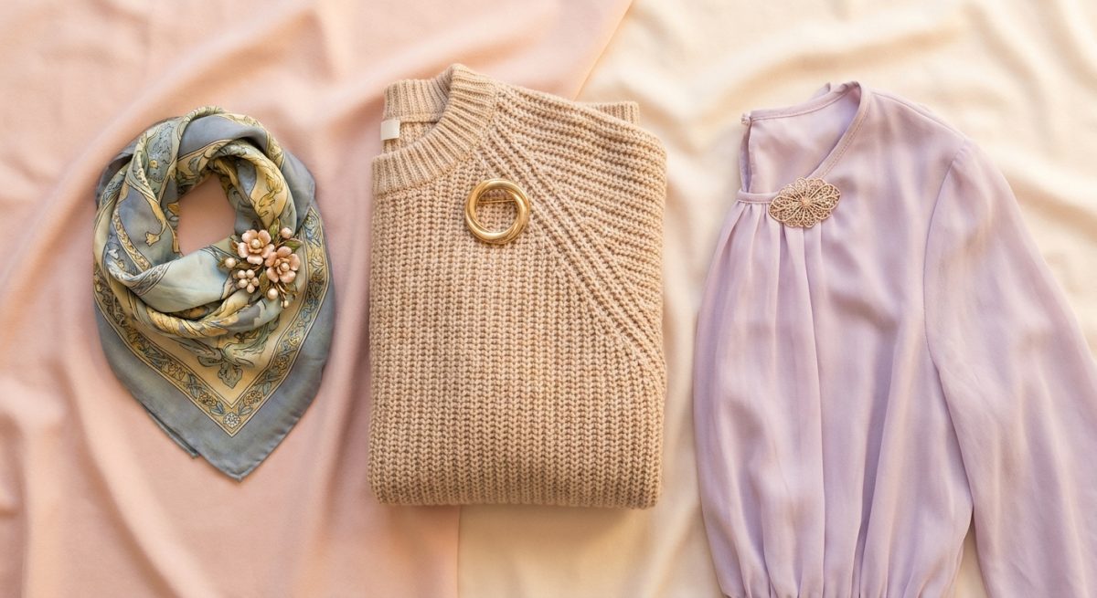 Trois facons d'porter une broche : sur un foulard, un pull et l'encolure d'une robe