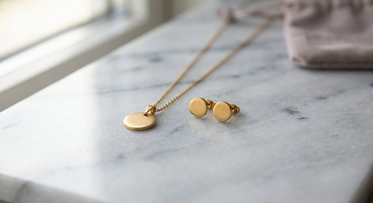 Parure collier et boucles d'oreilles en acier inoxydable doré sur fond clair