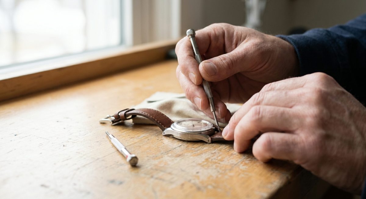 Mains changeant le bracelet d'une montre avec un outil sur un établi en bois
