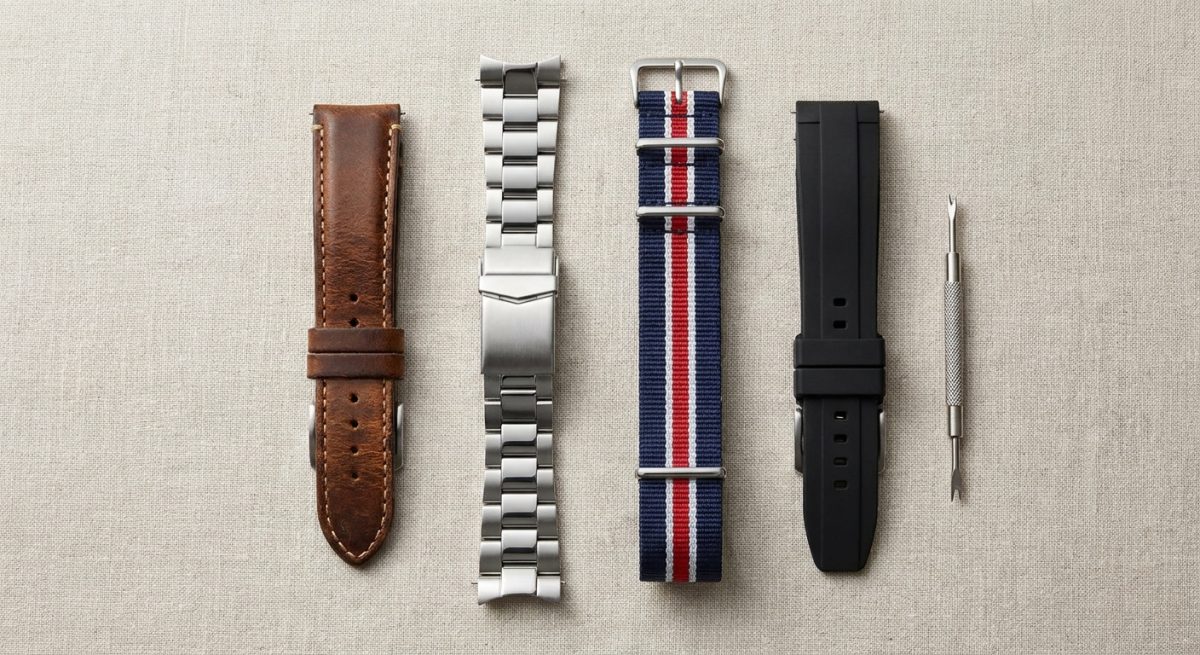 Bracelets de montre en cuir, métal, tissu NATO et silicone alignés avec un outil