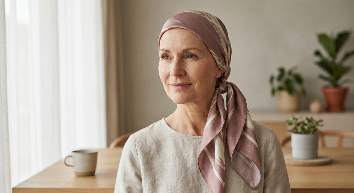 Femme portant un foulard noué avec douceur sur la tête pendant la chimio