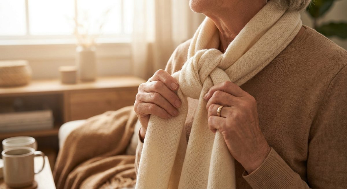 Mani che annodano con dolcezza un foulard morbido sulla nuca