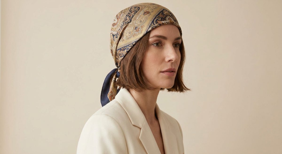 Femme aux cheveux courts portant un foulard de soie carré noué en bandeau