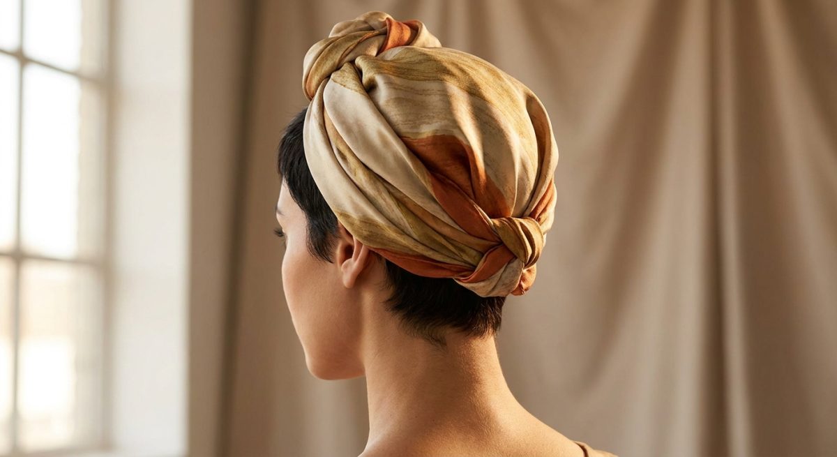 Nuque d'une femme aux cheveux très courts coiffée d'un foulard noué en turban