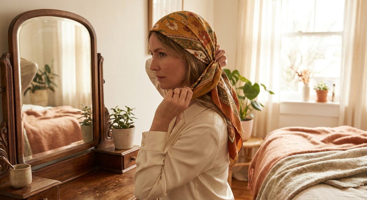 Femme nouant un foulard imprimé sur ses cheveux devant un miroir