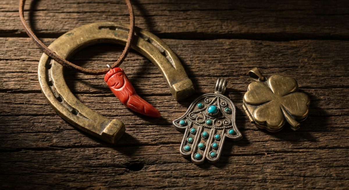 Amulettes anciennes sur bois sombre : fer à cheval en laiton, corne de corail rouge, main khamsa et médaillon trèfle