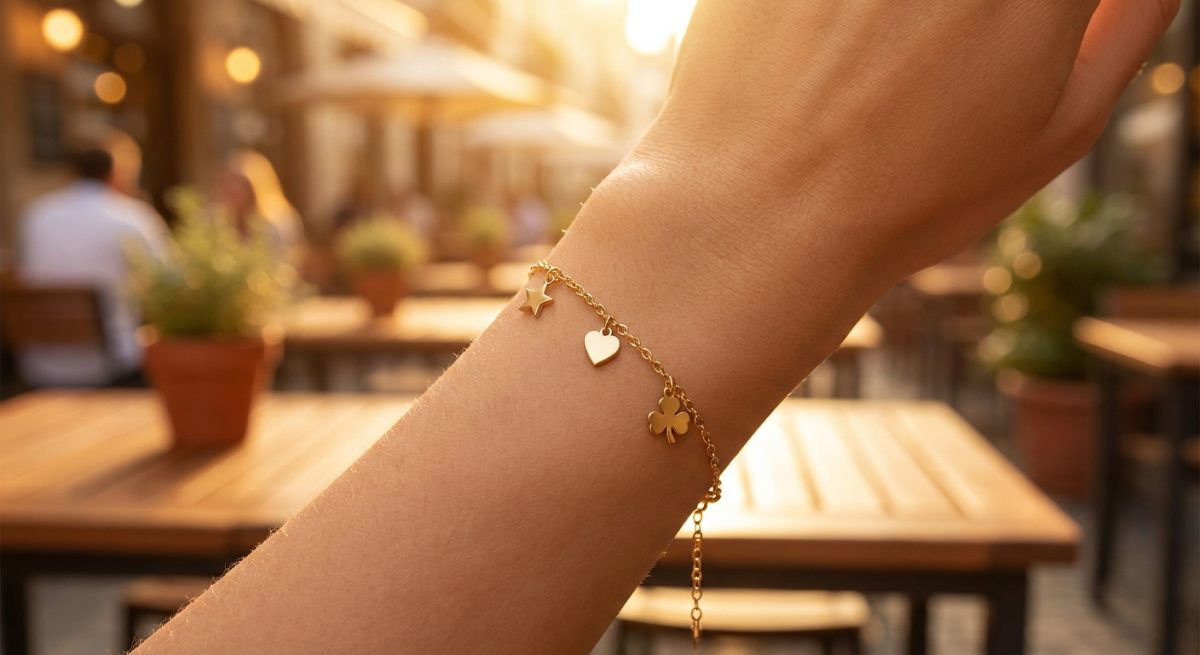 Poignet féminin portant un bracelet doré à petites breloques étoile, coeur et trèfle en terrasse ensoleillée