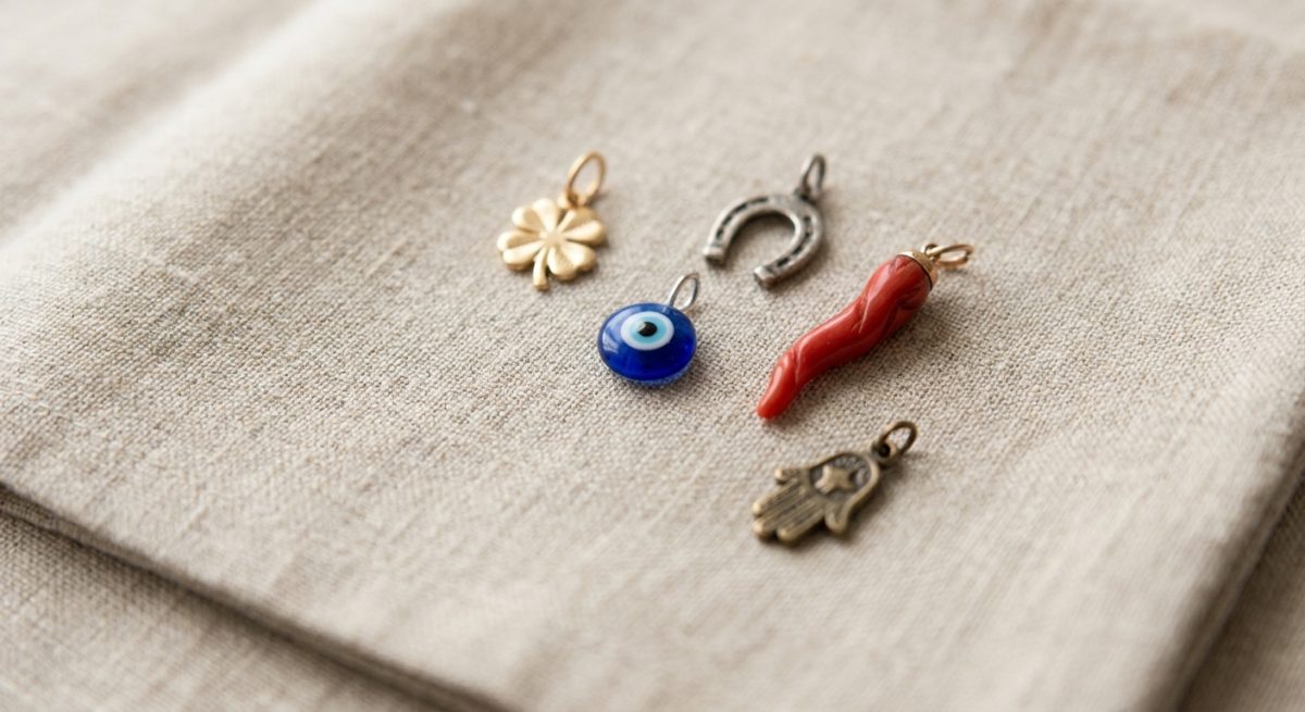 Pendentifs porte-bonheur assortis sur lin beige : trèfle doré, fer à cheval argenté, oeil bleu, corne italienne et petite main