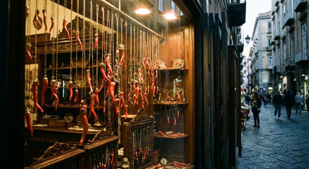 Vitrine napolitaine remplie de cornes rouges de toutes tailles suspendues sur bois sombre