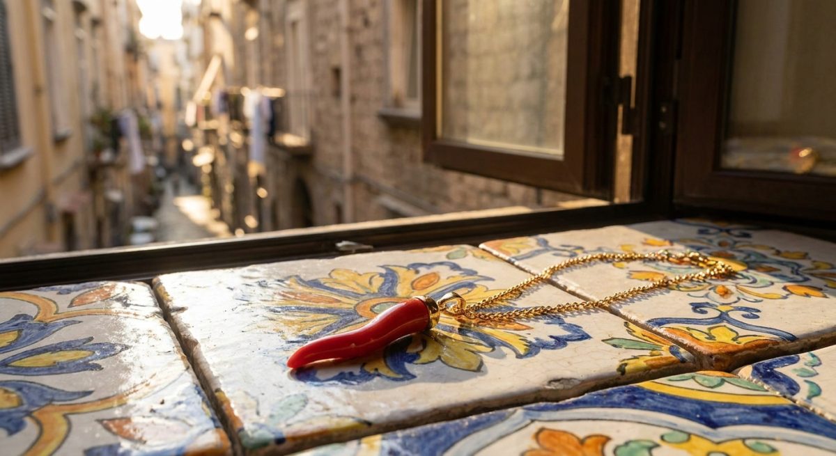 Cornicello rouge sur chaine doree pose sur des faiences napolitaines au soleil