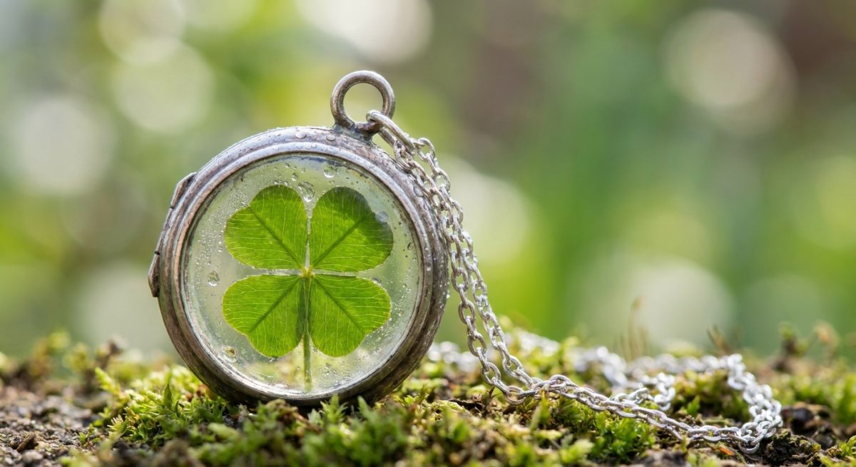 Trefle a quatre feuilles conserve dans un medaillon de verre sur chaine argentee, fond de jardin