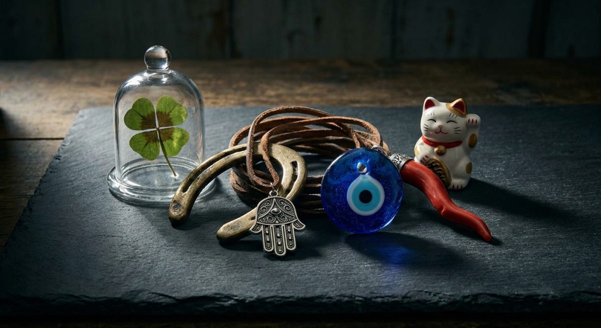 Les porte-bonheur les plus celebres du monde disposes en cercle sur ardoise : trefle, fer a cheval, oeil bleu, main de Fatma, corne rouge et maneki-neko