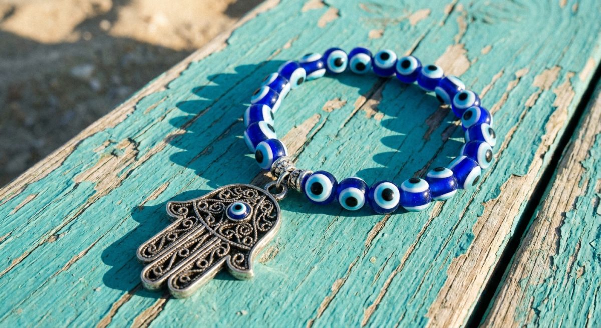 Bracelet de perles oeil bleu et pendentif main de Fatma argente sur bois peint turquoise