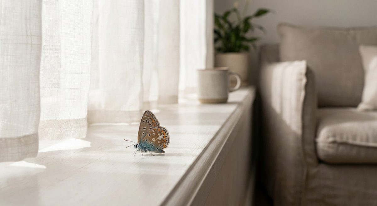 Papillon bleu et orange posé sur le rebord d'une fenêtre dans une maison