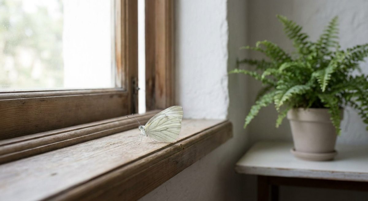 Papillon blanc posé au bord d'une fenêtre ouverte à l'intérieur d'une maison