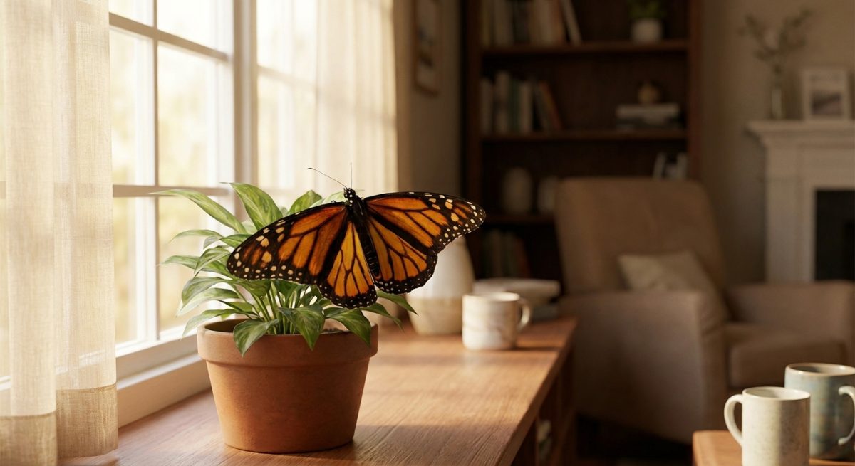 Papillon orange et noir posé sur une plante verte d'intérieur près d'une fenêtre ensoleillée