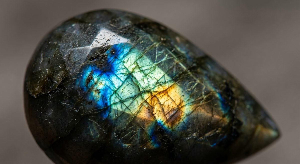 Macro d'une labradorite montrant des éclats bleus, verts et dorés