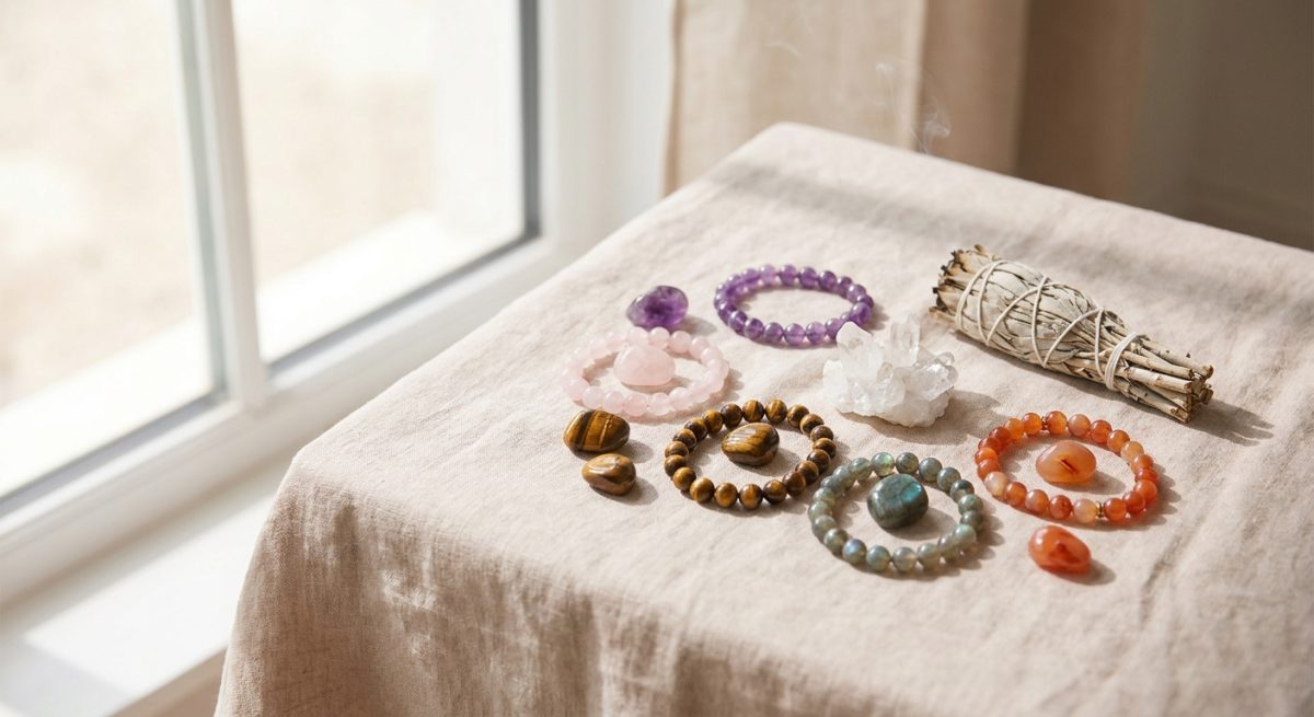 Bracelets en pierres naturelles et cristaux posés sur un linge clair près d'une fenêtre pour être purifiés