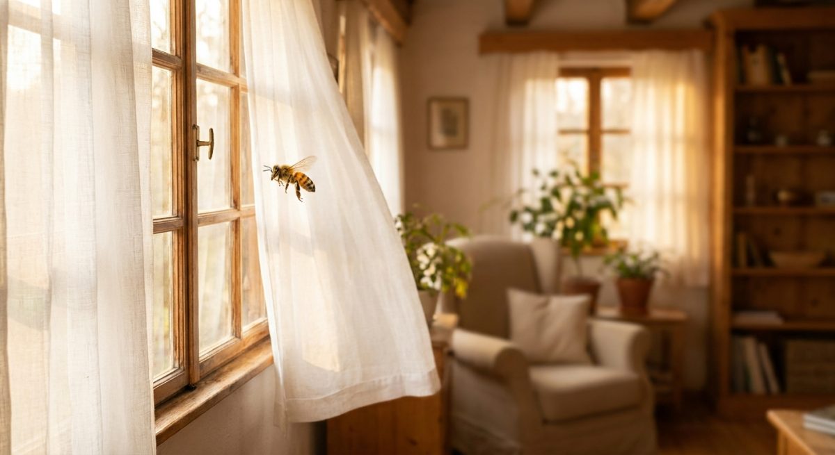 Une abeille vole près d'une fenêtre ouverte et entre dans une pièce lumineuse