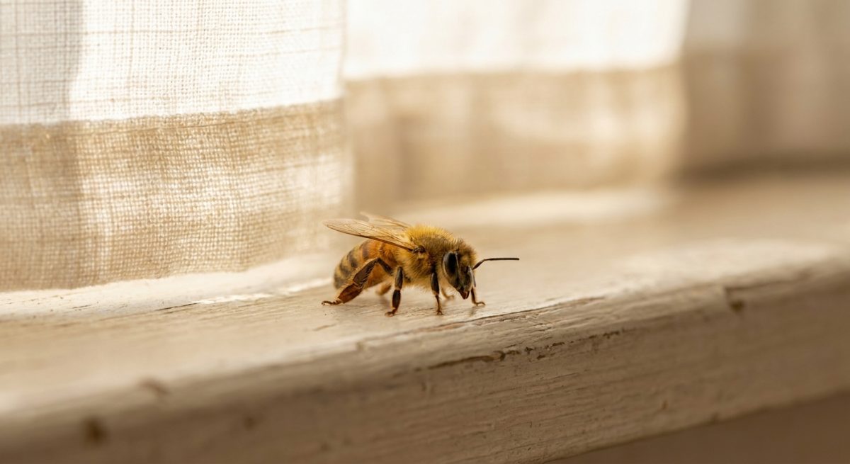 Une abeille posée sur le rebord d'une fenêtre près d'un rideau en lin