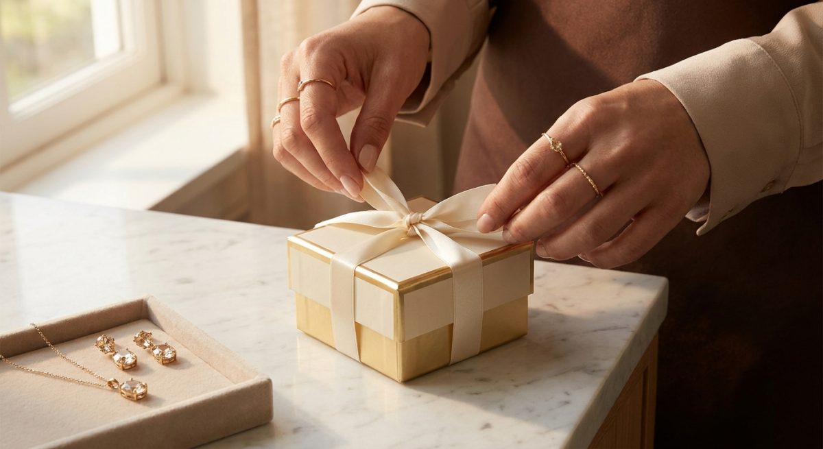 Mains d'une femme nouant un ruban sur un petit cadeau, parure assortie posée à côté