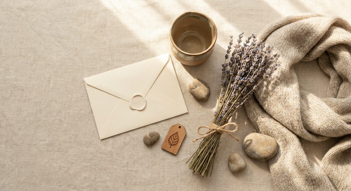 Composition de cadeaux immatériels : bon pour un soin, tasse d'atelier, écharpe pliée