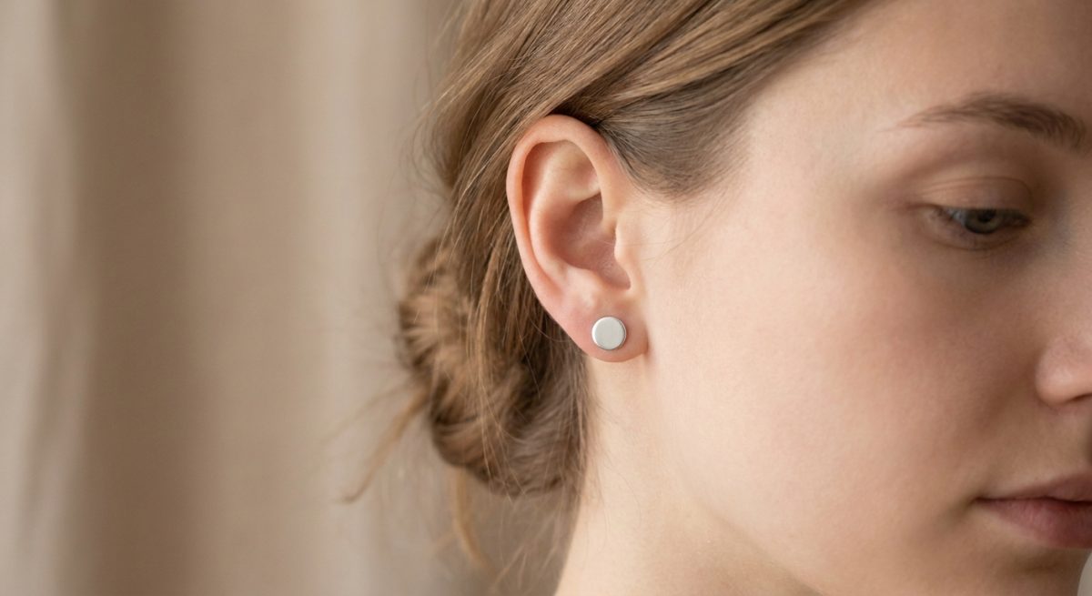 Gros plan d'une oreille avec une puce en acier sur un lobe sain