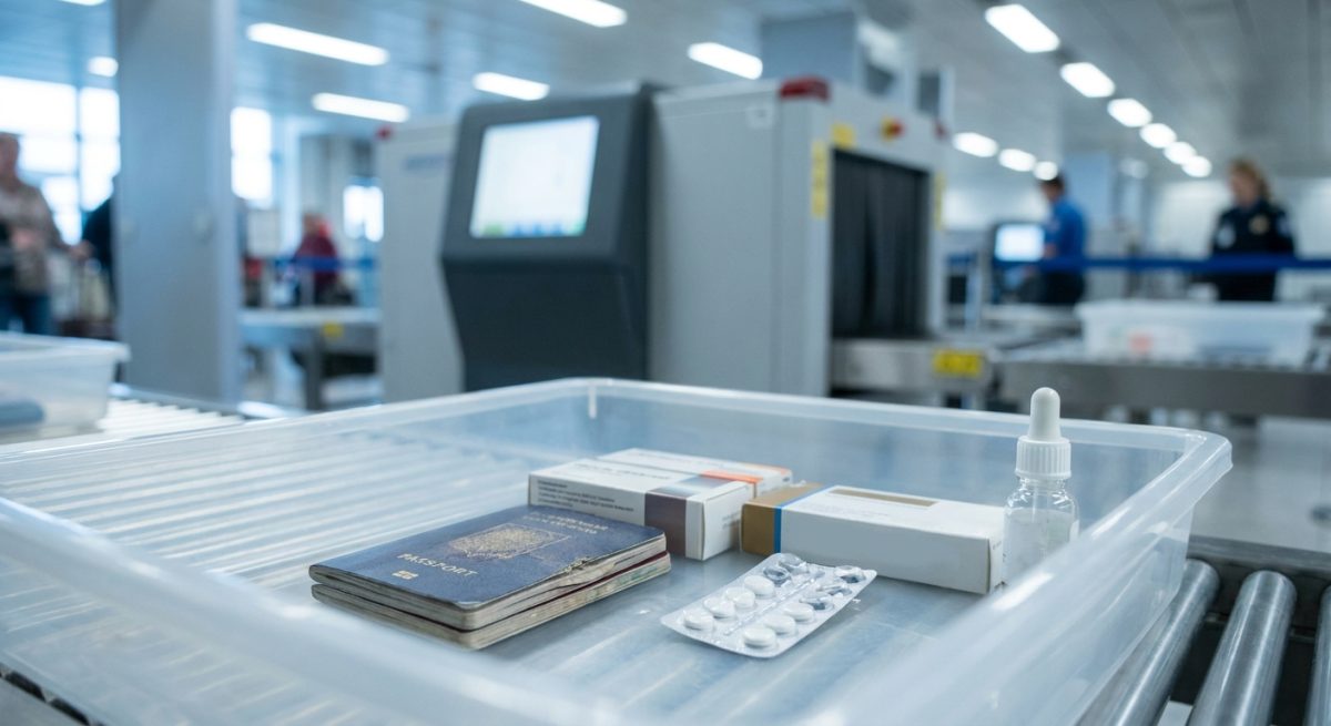 Vaschetta trasparente al controllo di sicurezza con scatole di farmaci, blister e flacone di liquido