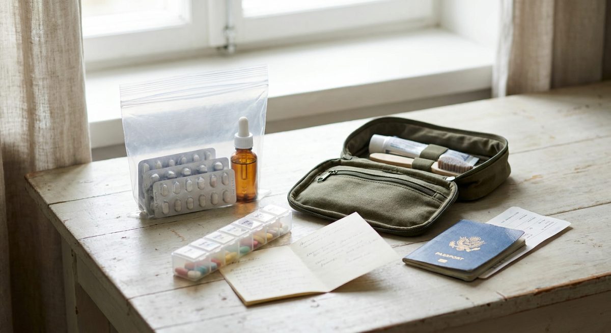 Kit di medicine pronto per il bagaglio a mano: blister, portapillole, ricetta e pochette