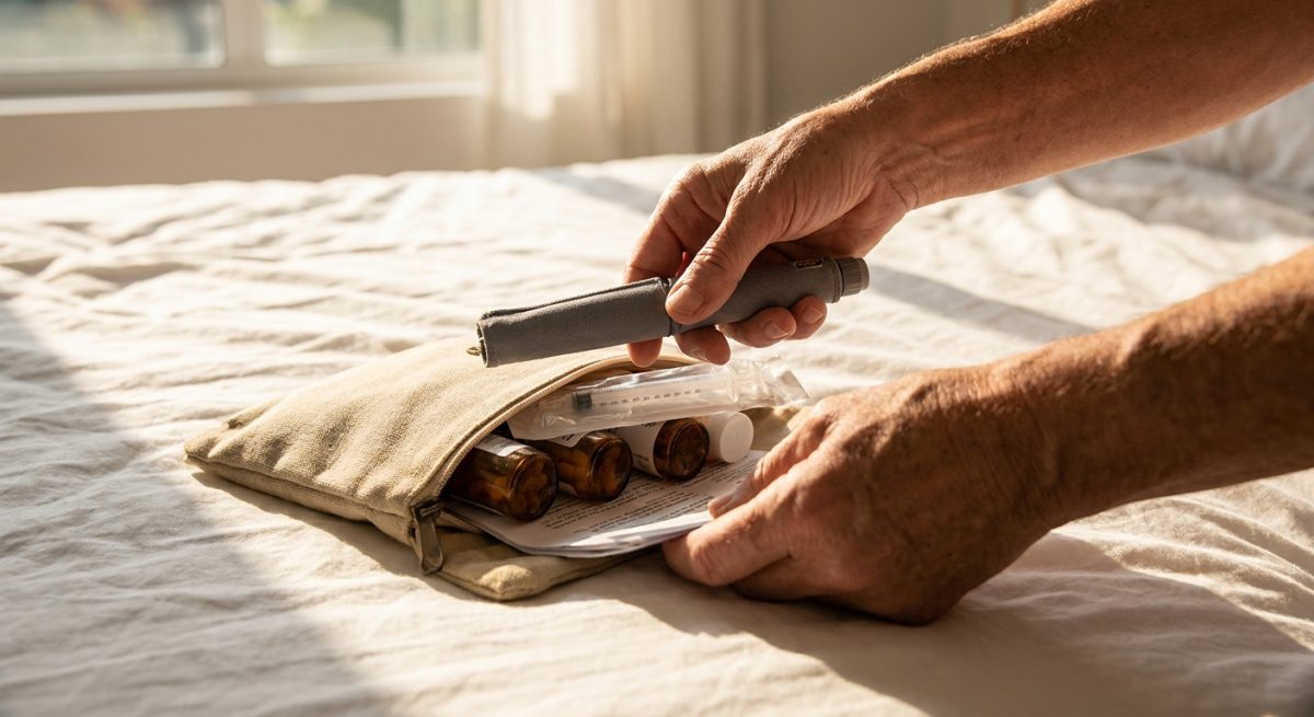 Mani che ripongono penna di insulina, siringa confezionata e lettera medica in una pochette da viaggio