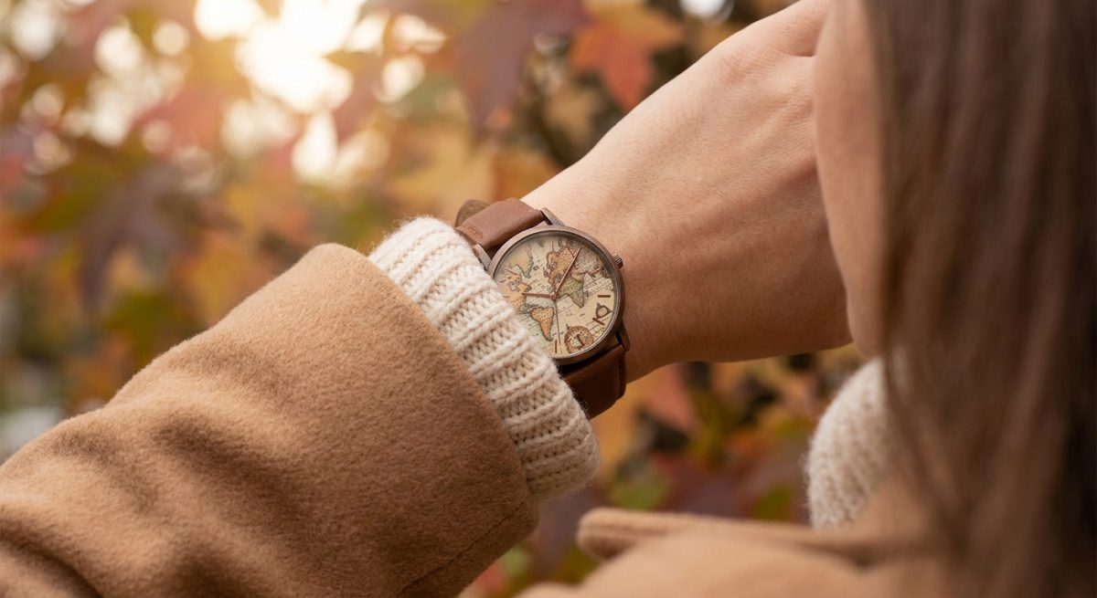 Montre marron à bracelet façon cuir portée au poignet avec un manteau camel en automne